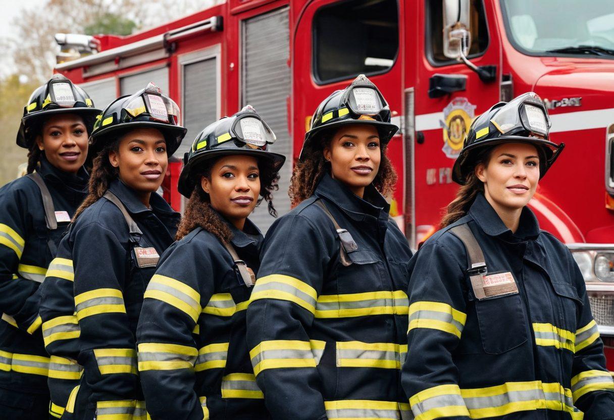 A diverse group of strong, confident women firefighters in uniform, showcasing camaraderie and strength, standing in front of a fire truck with flames subtly in the background. The scene should highlight each woman's unique features and expressions of determination, perhaps one holding a hose and another with a helmet under her arm. Bright, empowering colors to evoke a sense of resilience and teamwork. super-realistic. vibrant colors.