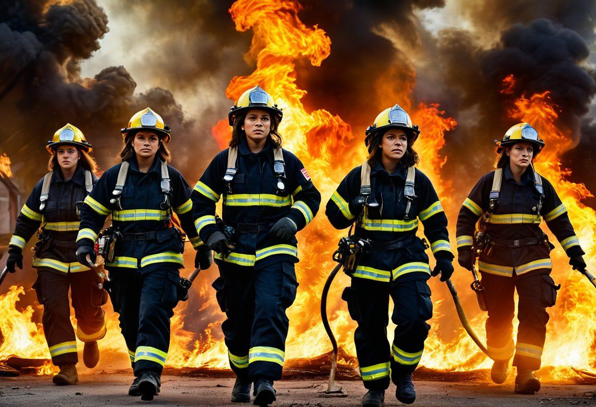 A powerful scene showcasing a diverse group of female firefighters in action, confidently battling a blazing fire. The background features a community setting, with images of unity and support from local residents. Highlight their determination and strength through their expressions and body language. Incorporate elements of teamwork and empowerment, with vibrant flames and dynamic motion. vibrant colors. super-realistic.