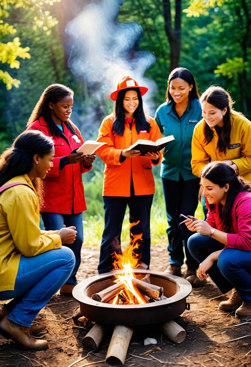 A diverse group of empowered women practicing fire safety techniques in a vibrant outdoor setting, showcasing teamwork and confidence. Incorporate elements of storytelling, like open books and a campfire in the background, symbolizing shared experiences. The scene should convey warmth, strength, and unity in embracing fire safety education. super-realistic. vibrant colors. daylight setting.